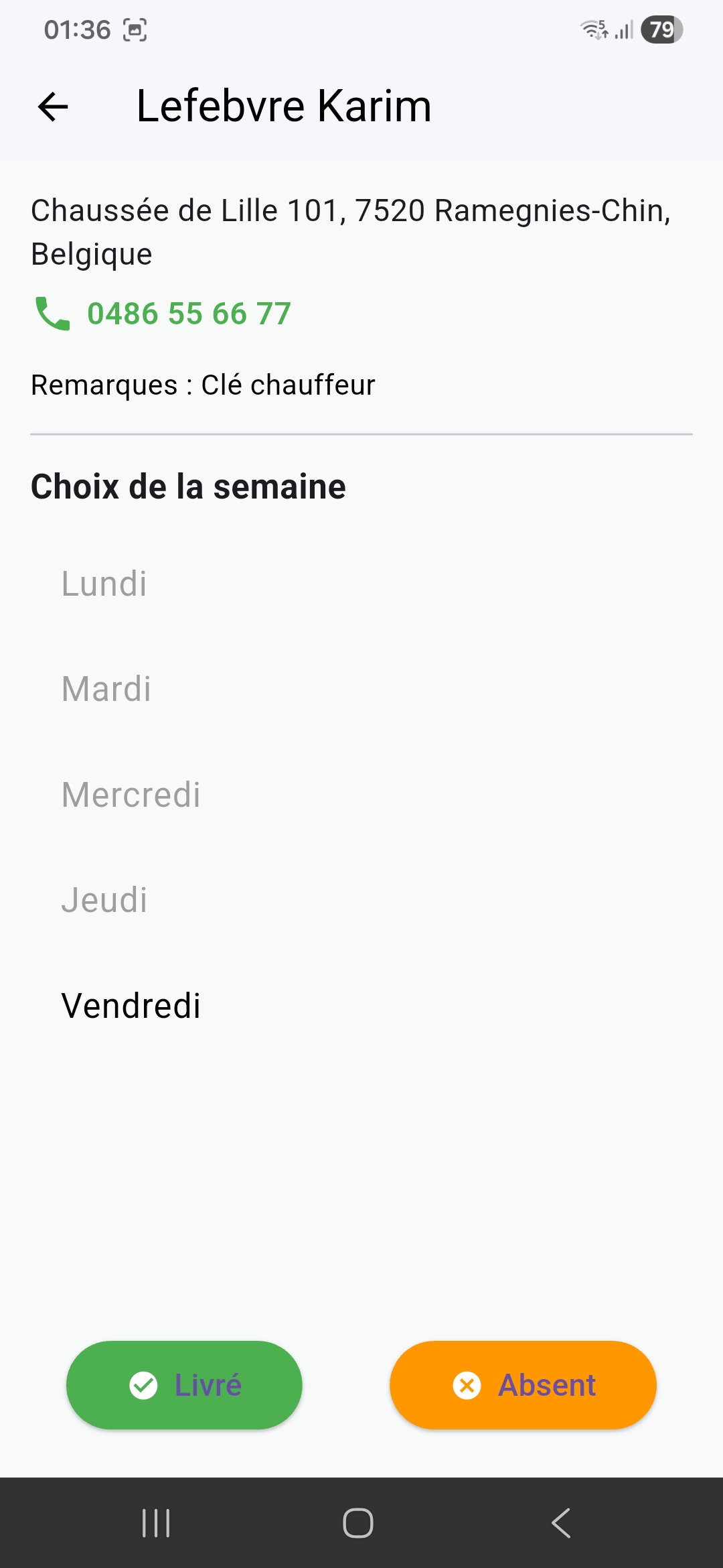 Capture de la tournée mobile avec détail d'une livraison.
