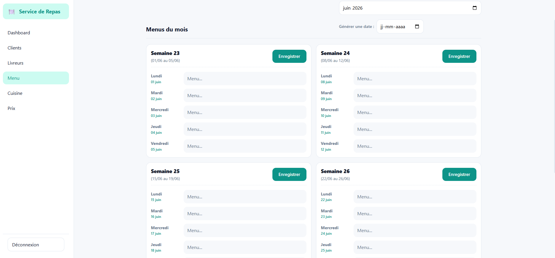 Capture de la gestion du menu web.