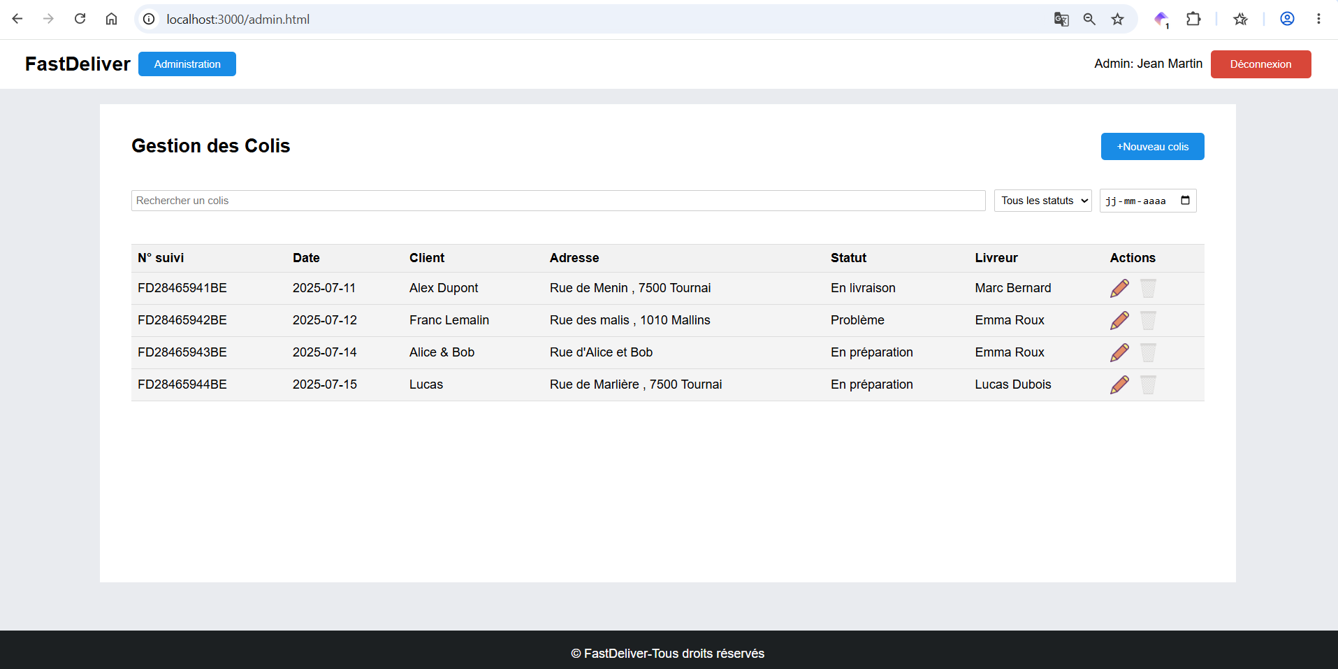 Capture de l'écran de gestion des livraisons de l'application web FastDeliver