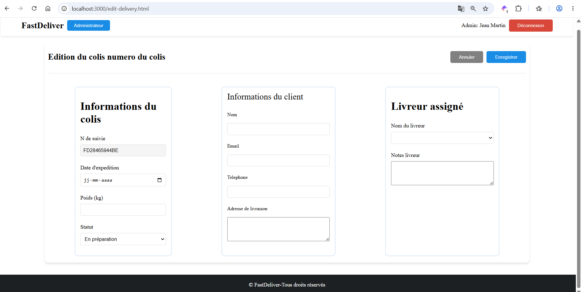 Capture de l'écran d'édition d'une livraison de l'application web FastDeliver