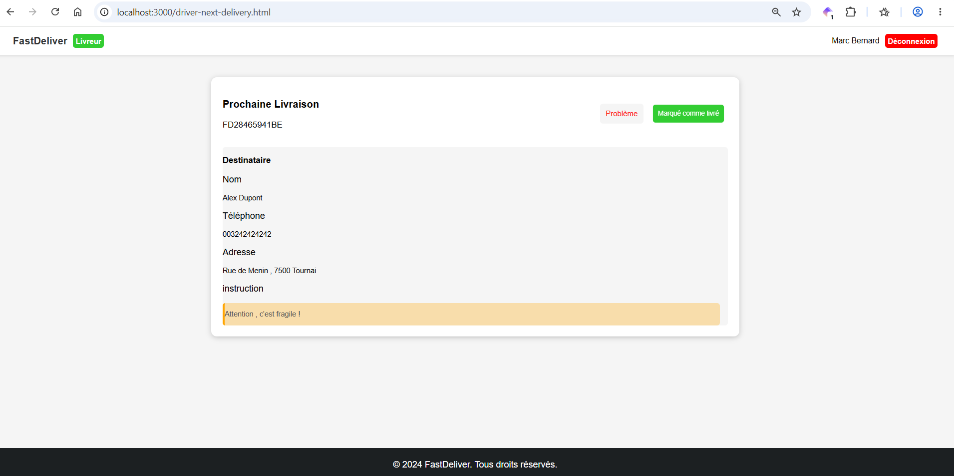 Capture de l'écran de suivi des tâches d'un livreur dans l'application web FastDeliver