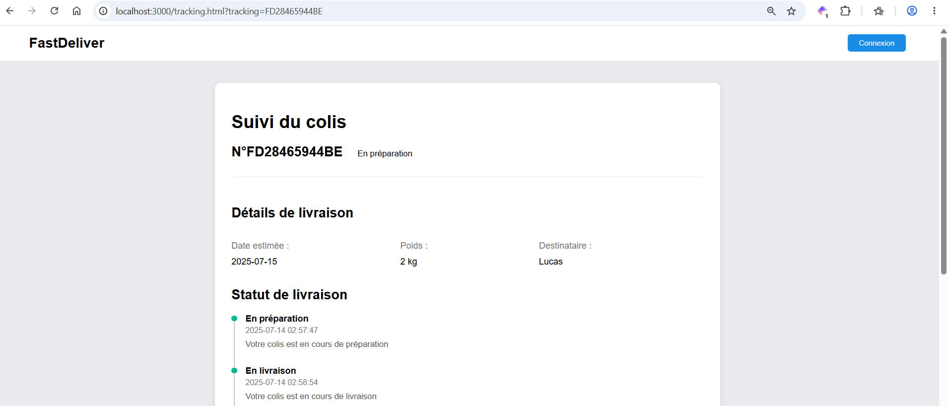 Capture de l'écran de suivi des livraisons dans l'application web FastDeliver