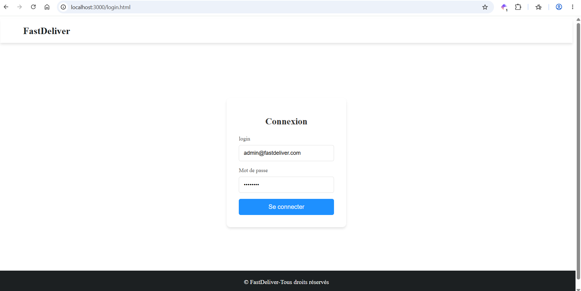 Capture de l'écran de connexion de l'application web FastDeliver