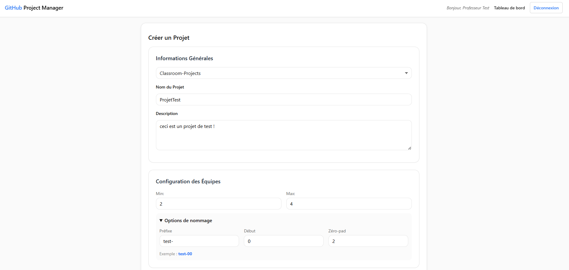 Capture d'un dépôt GitHub créé par l'application