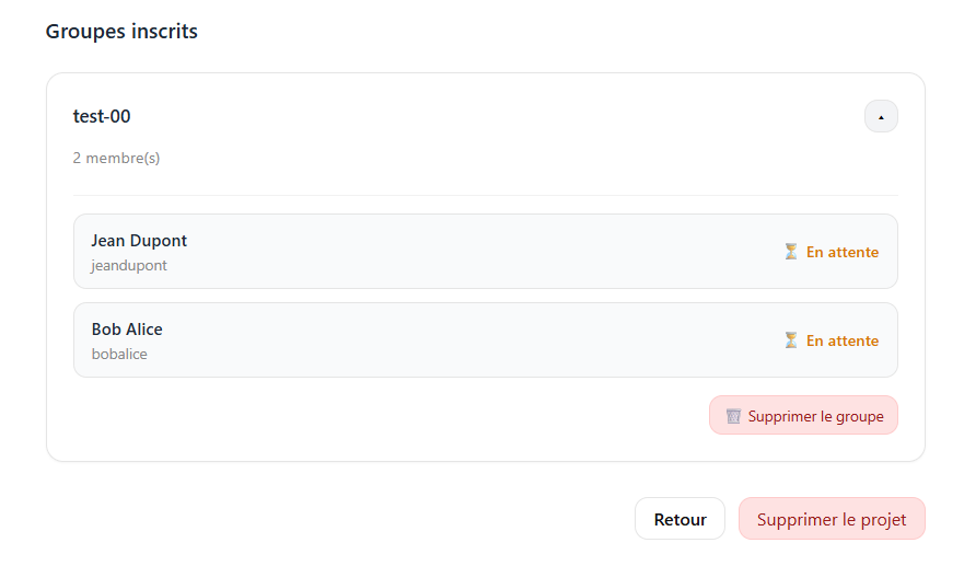 Capture d'un écran de détail après inscription d'élèves à un projet GitHub
