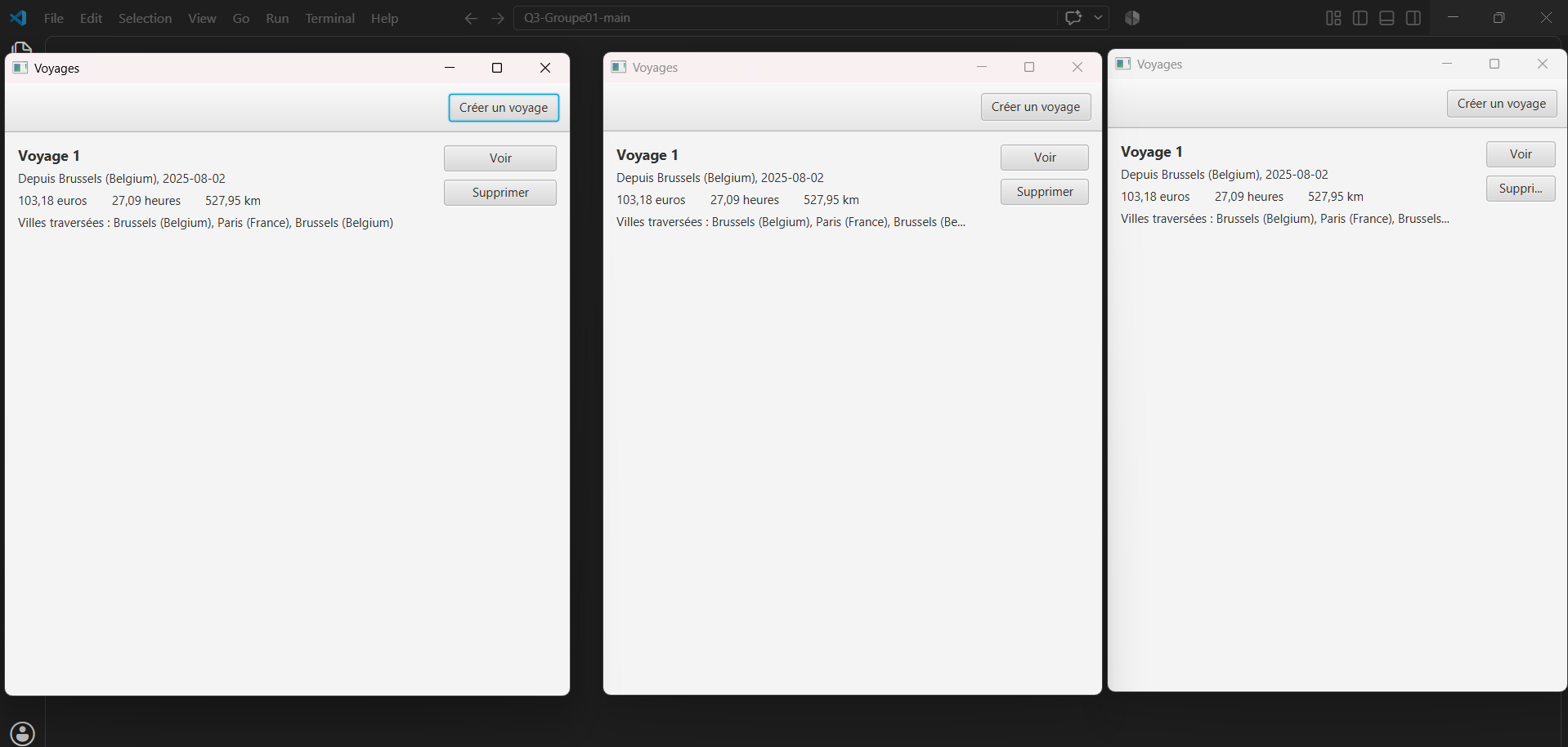 Capture du tableau de bord de l'application de gestion de voyages.