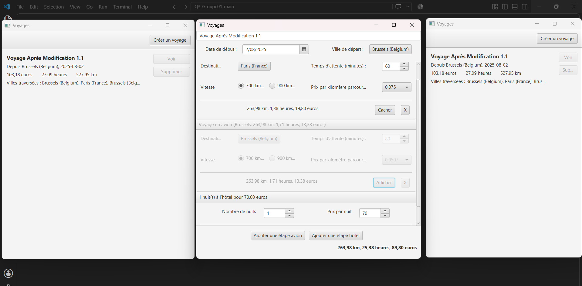 Capture du tableau de bord de l'application de gestion de voyages.