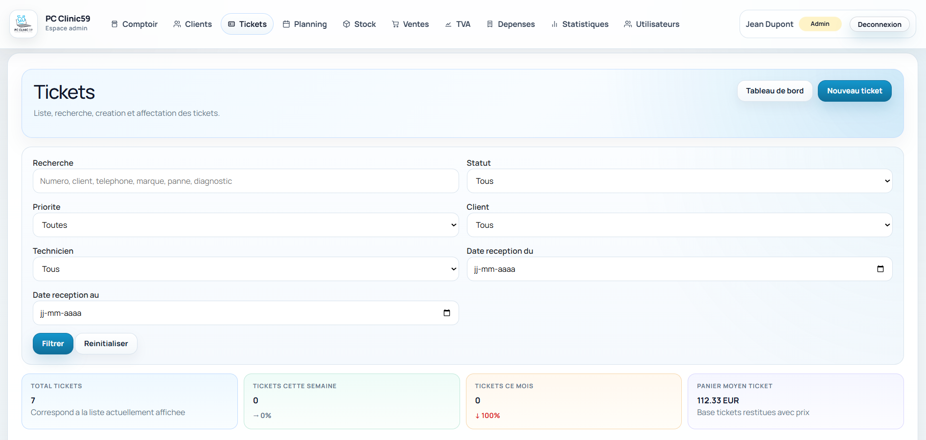 Capture de la gestion des tickets PC Clinic 59