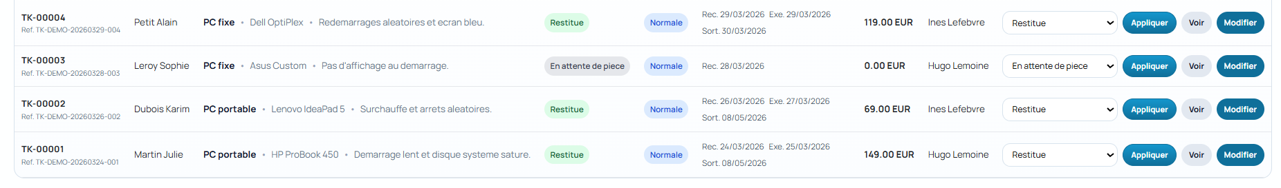 Capture de la gestion des tickets PC Clinic 59